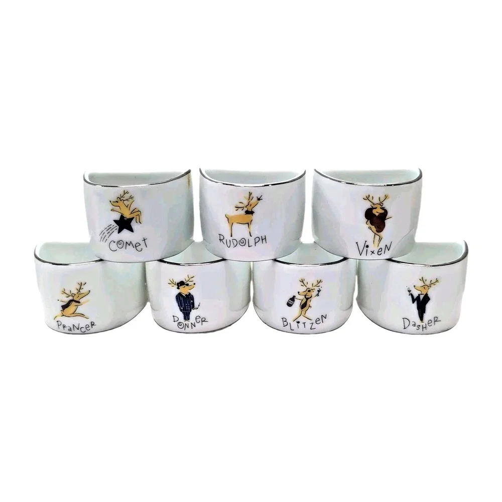 Vtg Pottery Barn Reindeer Napkin Rings Set of 7 Porcelain Japan 2003 RETIRED